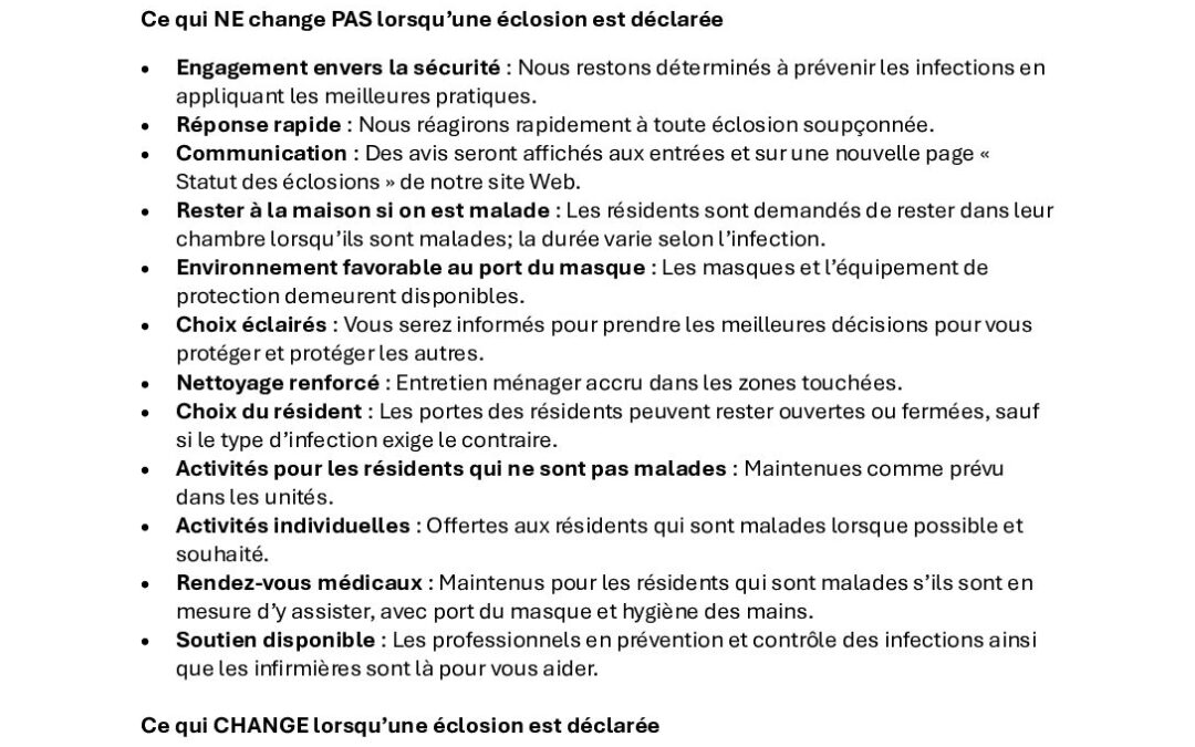 Feuille d’information – Mise à jour des mesures de prévention et de côntrole des infections en cas d’éclosion chez AM